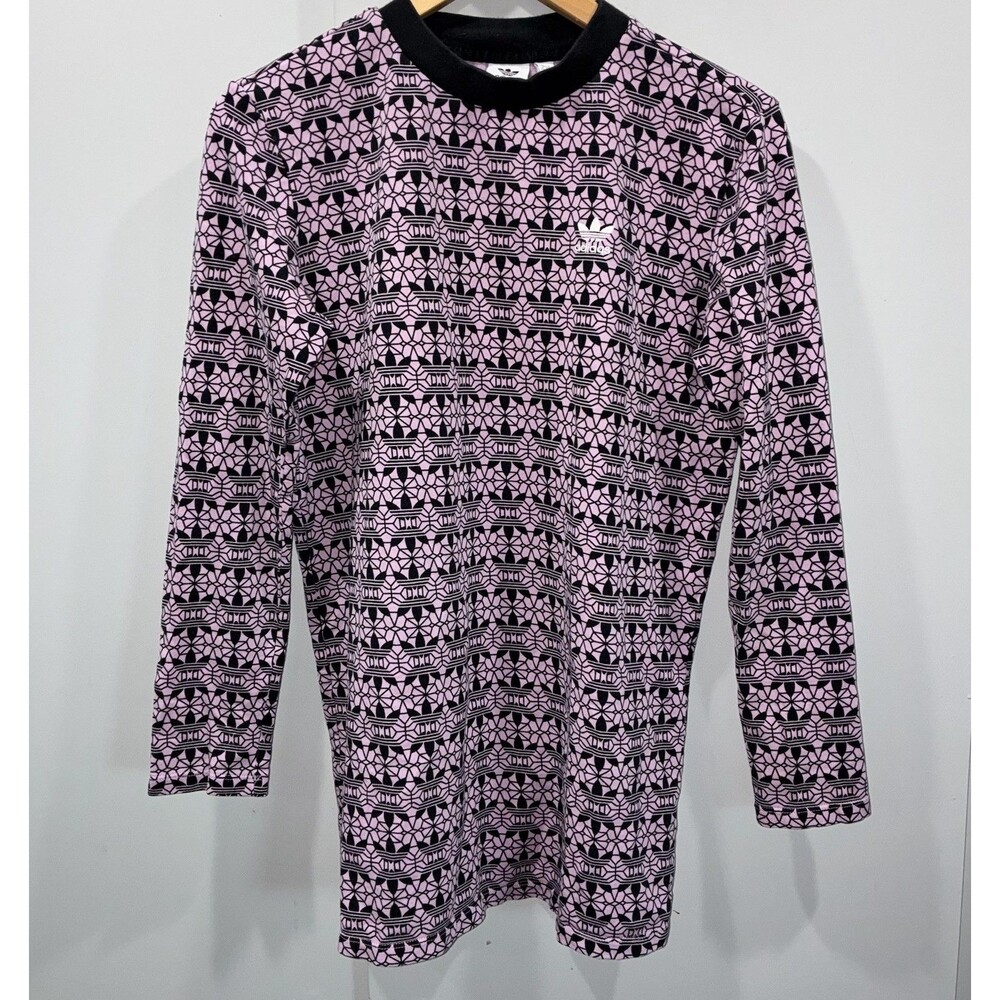 Adidas Originals All-Over Trefoil Print Long Sleeve T-Shirt Dress Purple Black S